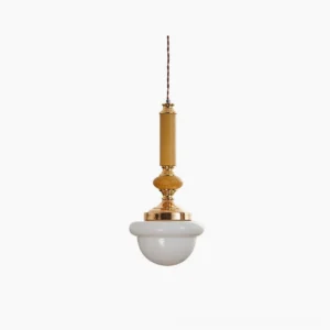 Sorbonne mid-century modern pendant light with brass frame and frosted glass shade, studio front view