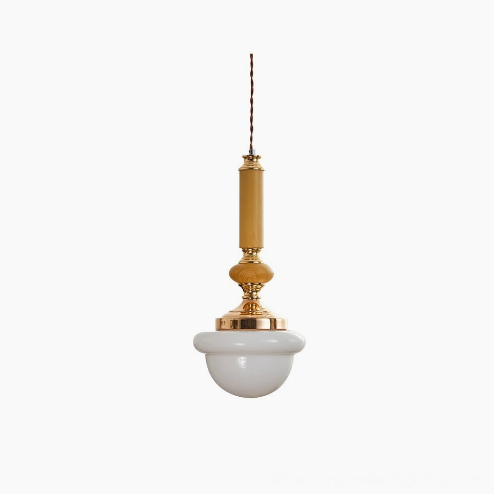 Sorbonne mid-century modern pendant light with brass frame and frosted glass shade, studio front view