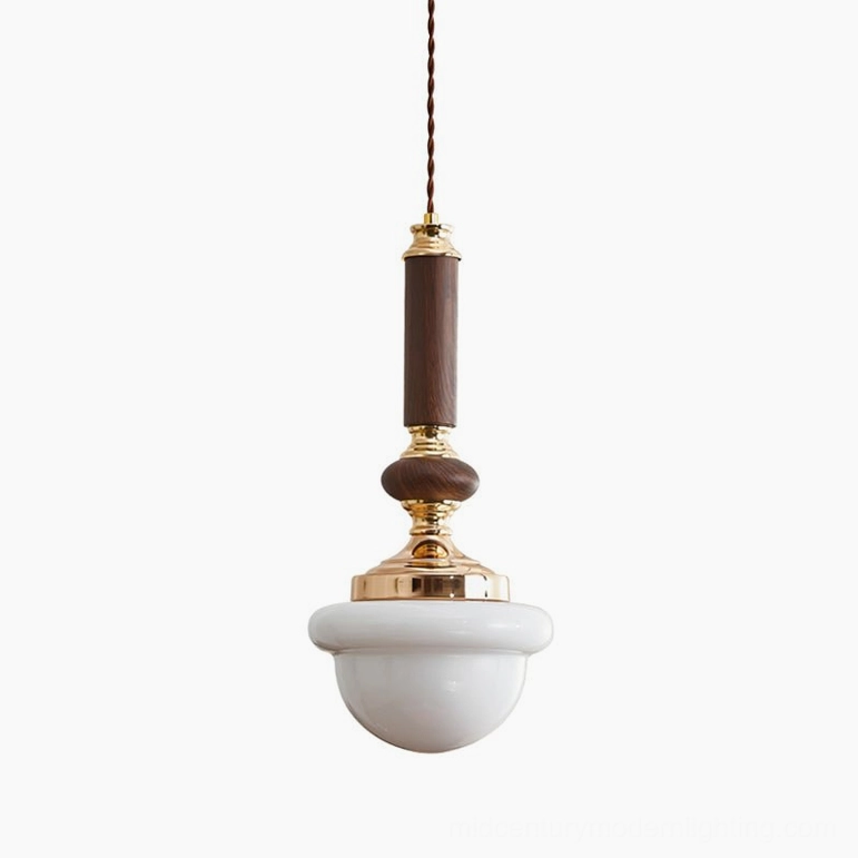 Sorbonne pendant lamp in walnut color finish mid-century modern design brass accents