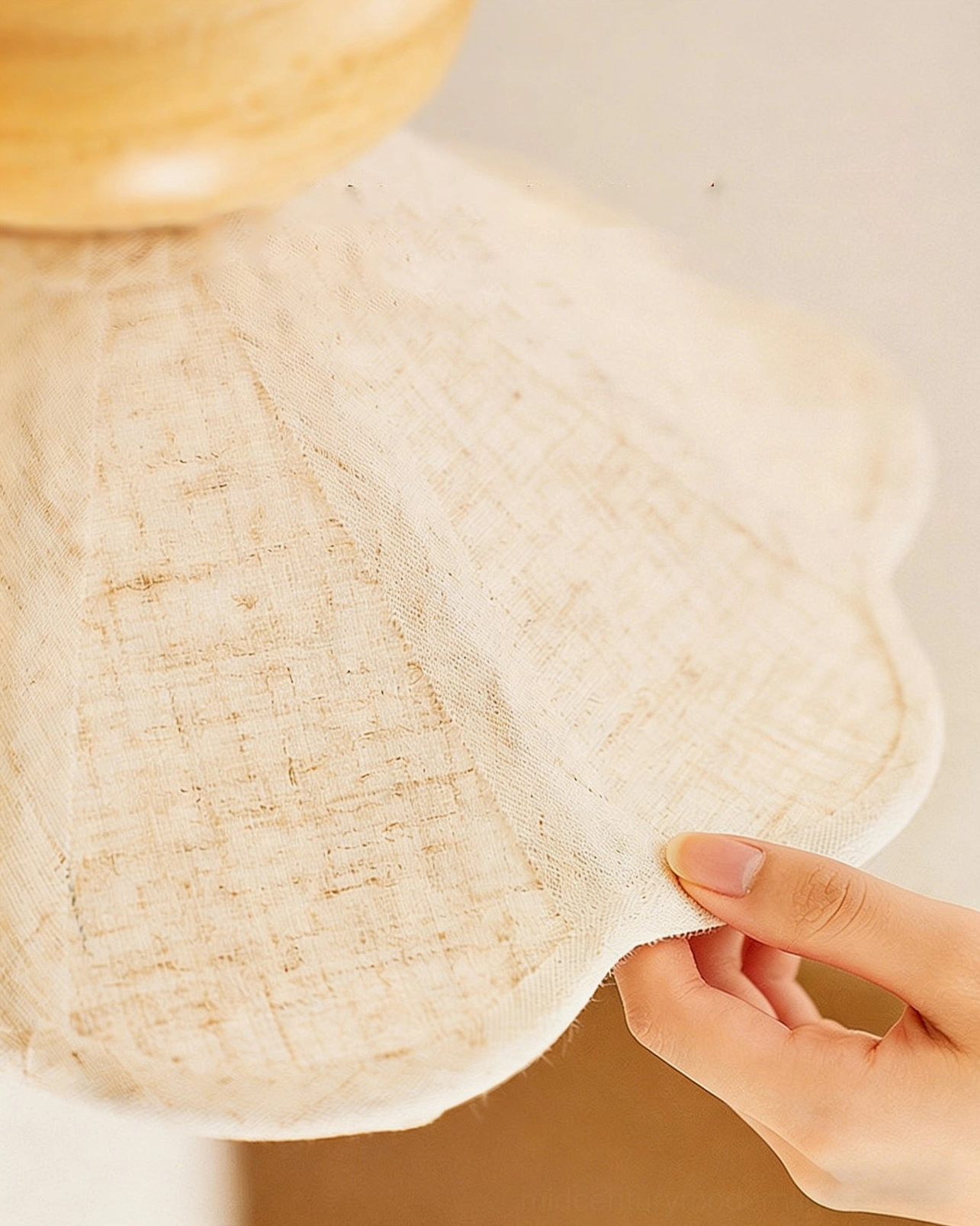 Close-up detail of Soren lampshade fabric texture and scalloped pleated edge construction