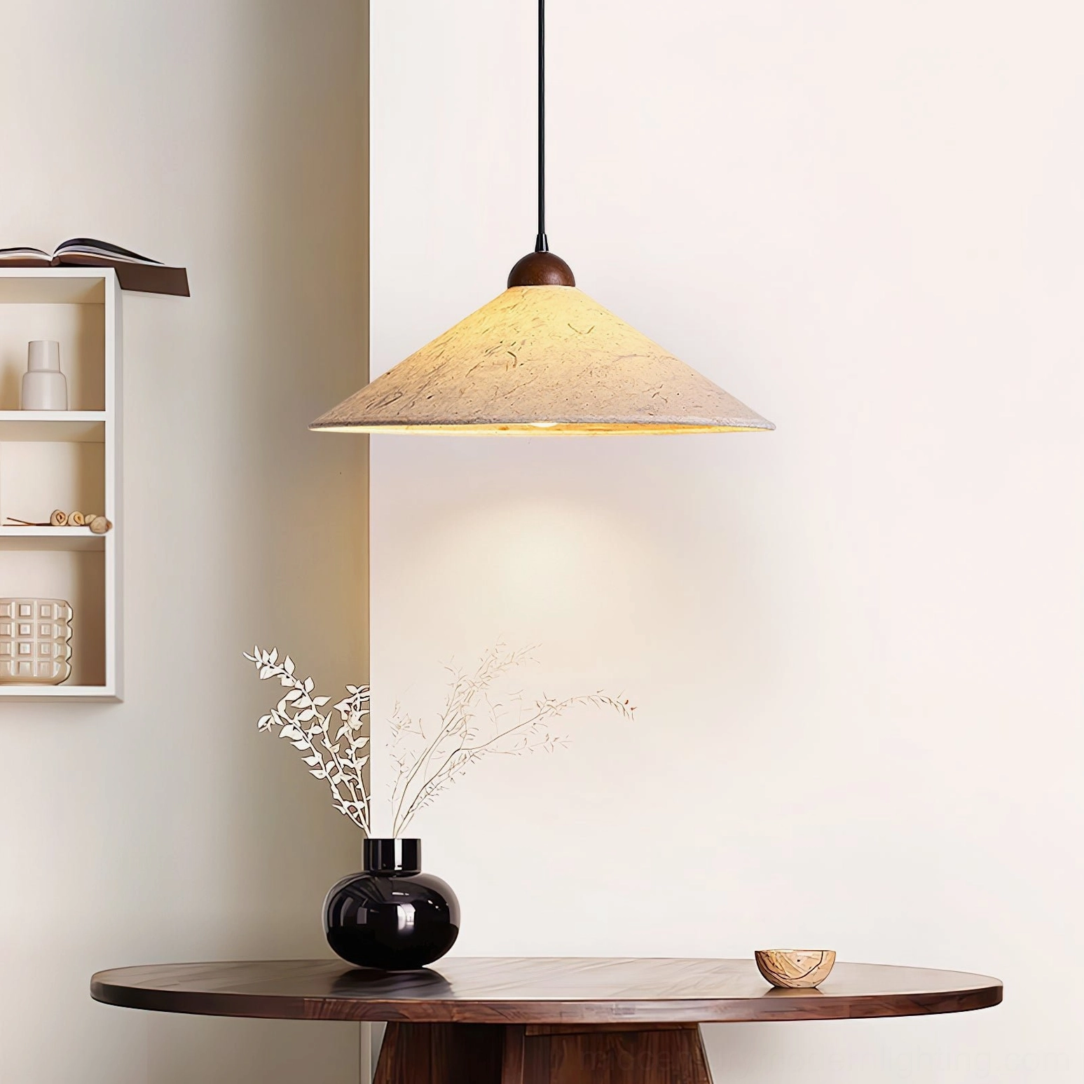 Soren Swing Arm Pendant Light side view in small dining corner, minimalist bohemian design aesthetic with neutral color scheme