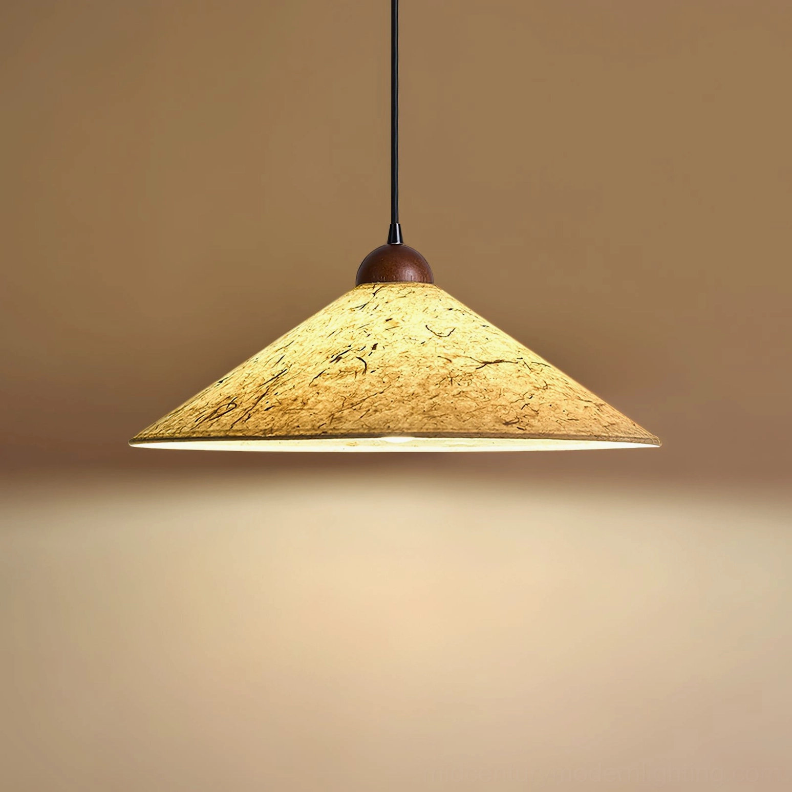Soren Swing Arm Pendant Light close-up front view, detailed textured conical shade with organic fibers and handwoven detail