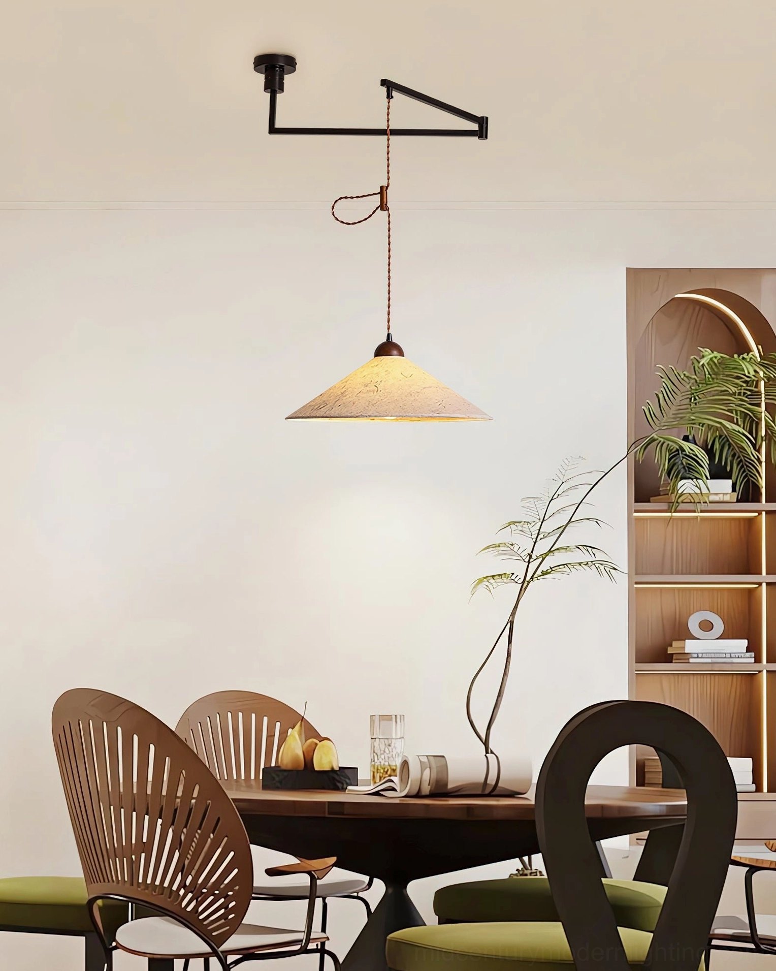Soren Swing Arm Pendant Light in family dining room with warm wood furniture pairing, ambient illumination showcase