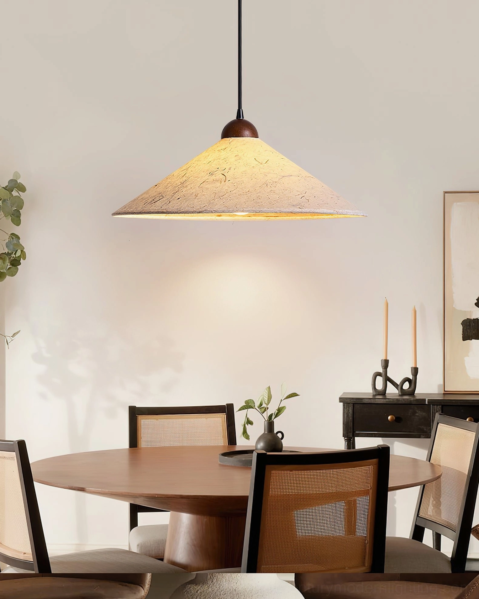 Soren Swing Arm Pendant Light in formal dining room, front indoor view with dark wood furniture match and sophisticated styling