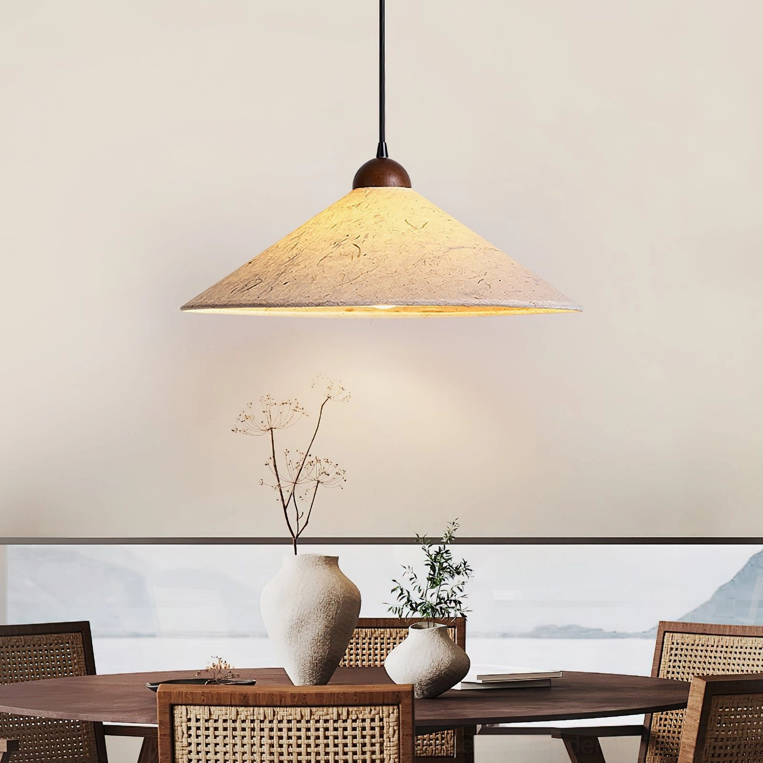 Soren Swing Arm Pendant Light overhead view in formal dining room, textured fabric shade detail with natural wood tone accents