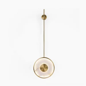 Sorle alabaster wall lamp front view, brushed gold finish with luminous stone disc mounted on slender iron rod