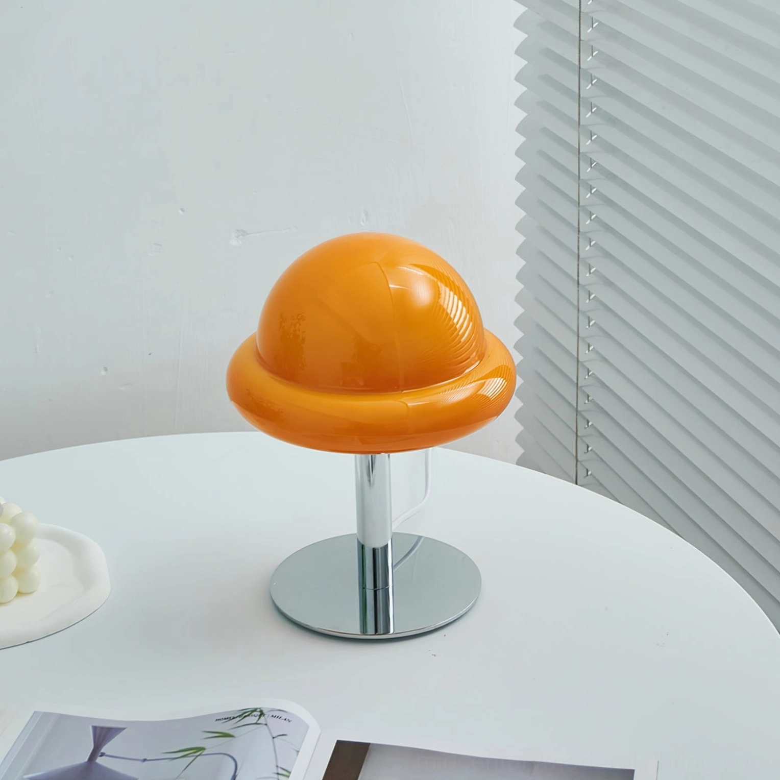 Mushroom table lamp base assembly showing chrome finish and electrical connections detail
