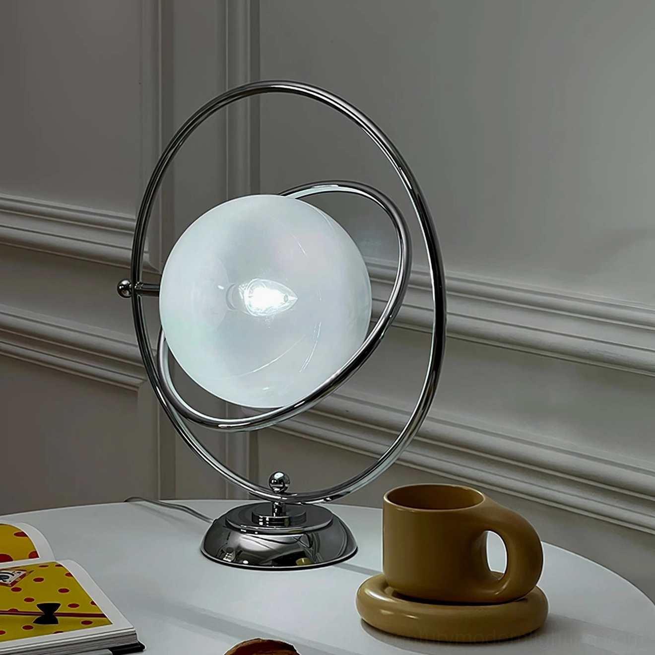 Space age planet table lamp 360 adjustable ring polished silver finish design