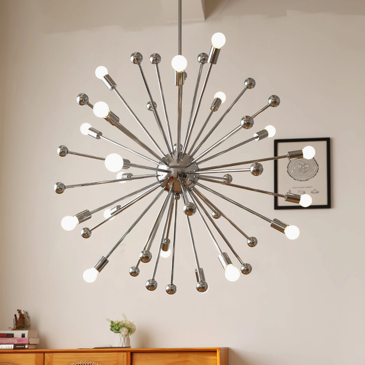 Space-age sputnik ceiling chandelier fully lit warm bulbs modern home interior decor