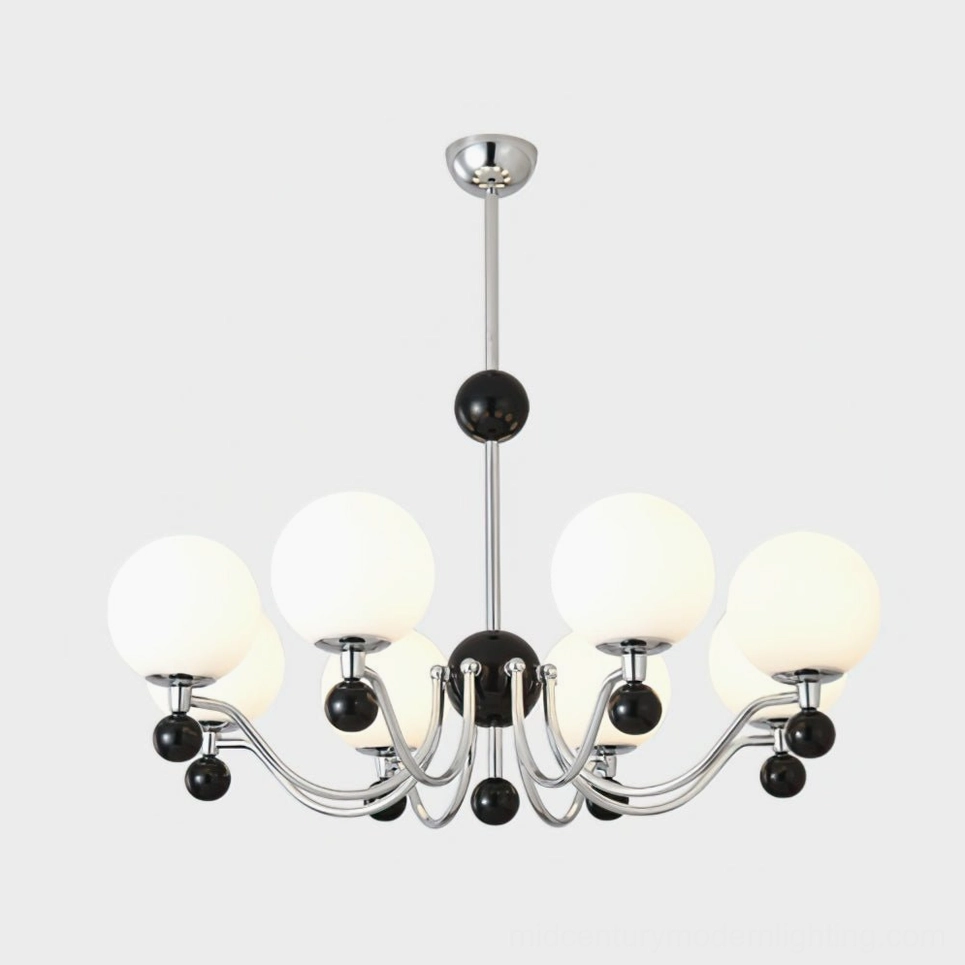 Contemporary spherical chandelier close-up detail of glass shade and chrome hardware