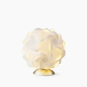 Spherical white petal table lamp front view studio photography with brushed silver metal base