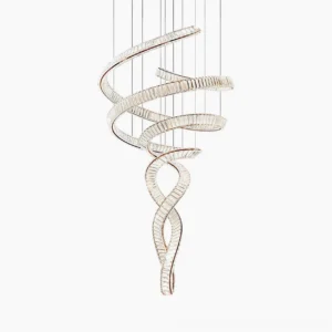Spiral crystal staircase chandelier front view, stainless steel frame with clear crystal facets, geometric twisted ribbon design