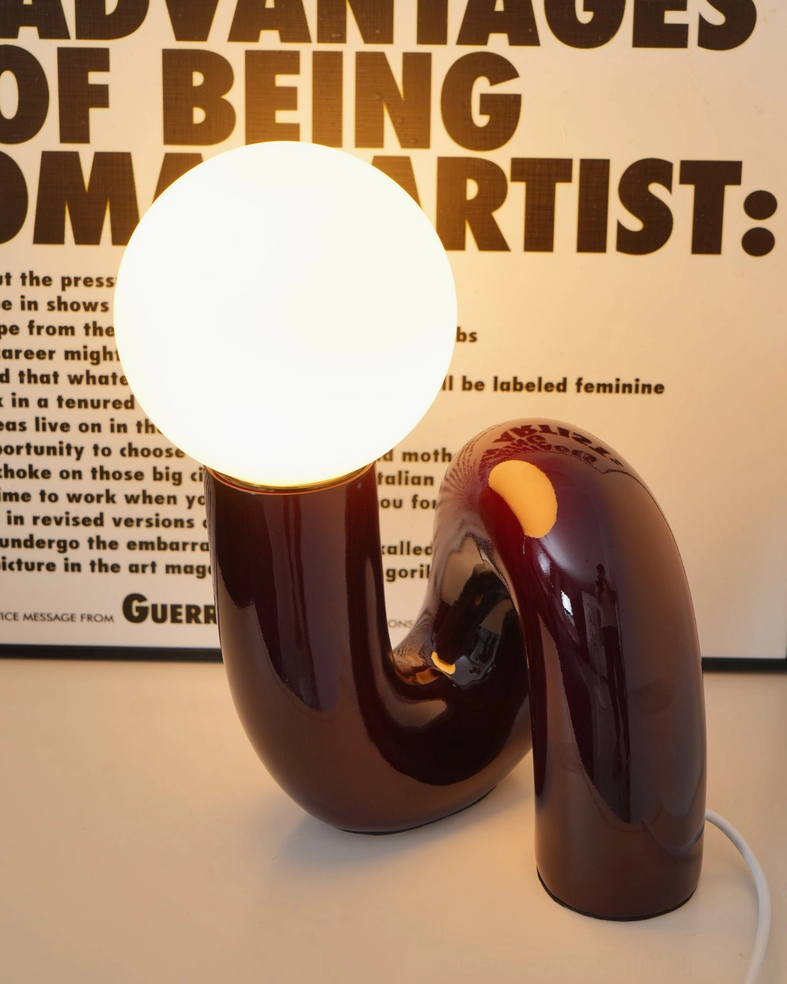 Hand-finished spiral glass table lamp detail photography, resin ceramic glass construction quality