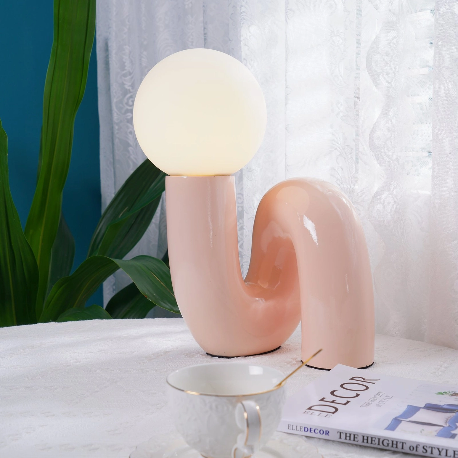 Spiral Glass Table Lamp cast glass spiral element, hand-finished resin construction detail view
