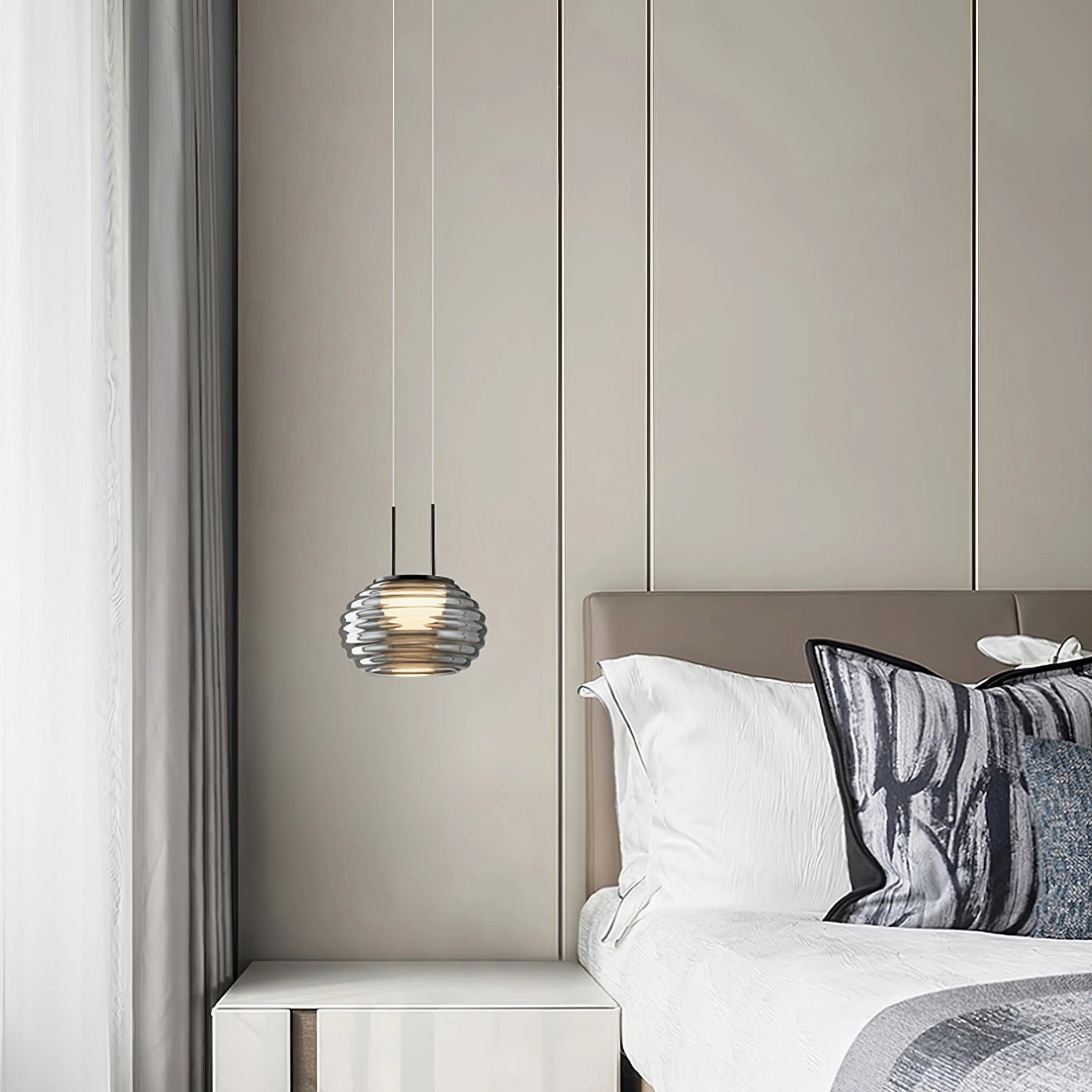 Splugen pendant lamp in master bedroom with decorative pillows, black metal hardware, modern luxury minimalist style