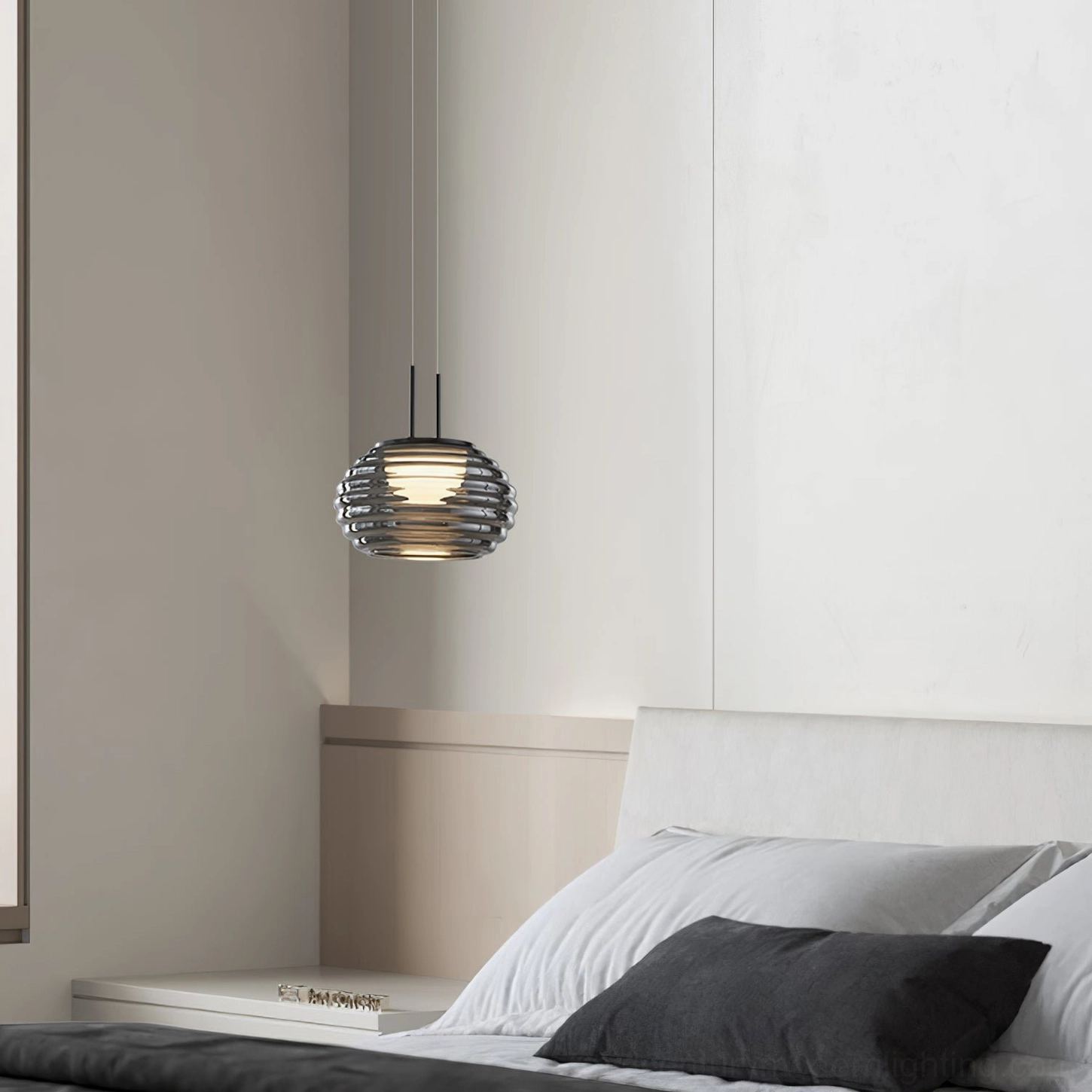 Splugen modern pendant fixture with 150cm cord and ceiling suspension hardware installation view
