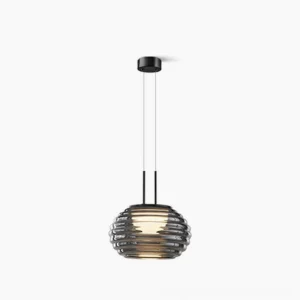 Splugen smoke grey Venetian glass pendant light with black metal hardware, frontal studio view showcasing ribbed texture