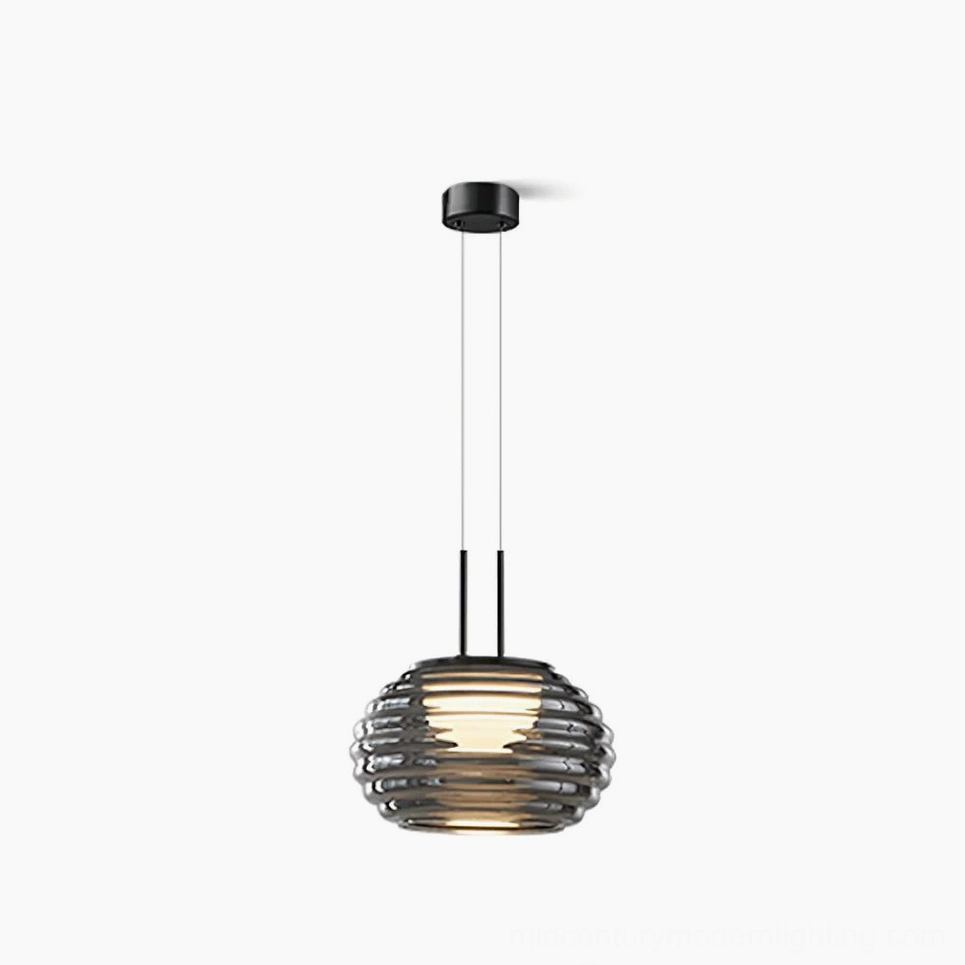 Splugen smoke grey Venetian glass pendant light with black metal hardware, frontal studio view showcasing ribbed texture