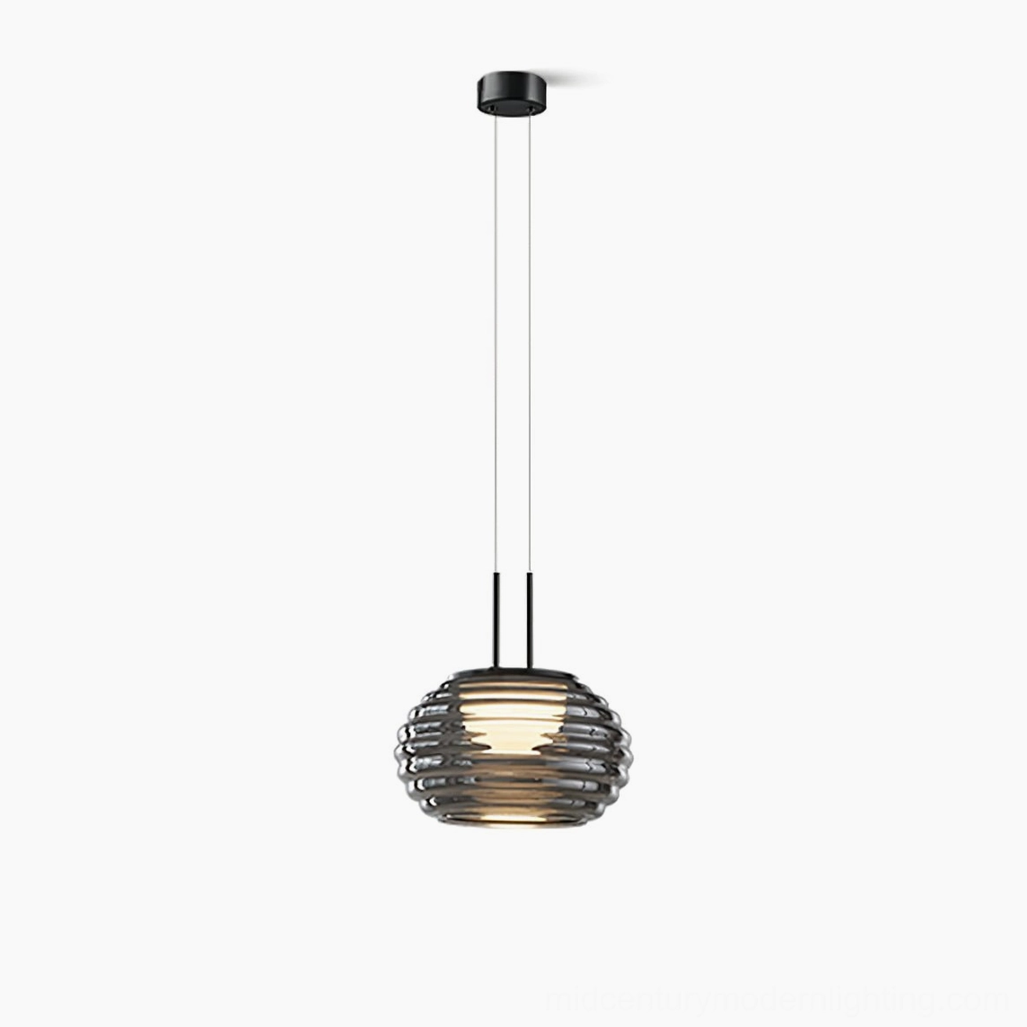 Splugen smoke grey ribbed glass pendant lamp, 20cm diameter, black hardware, front studio presentation