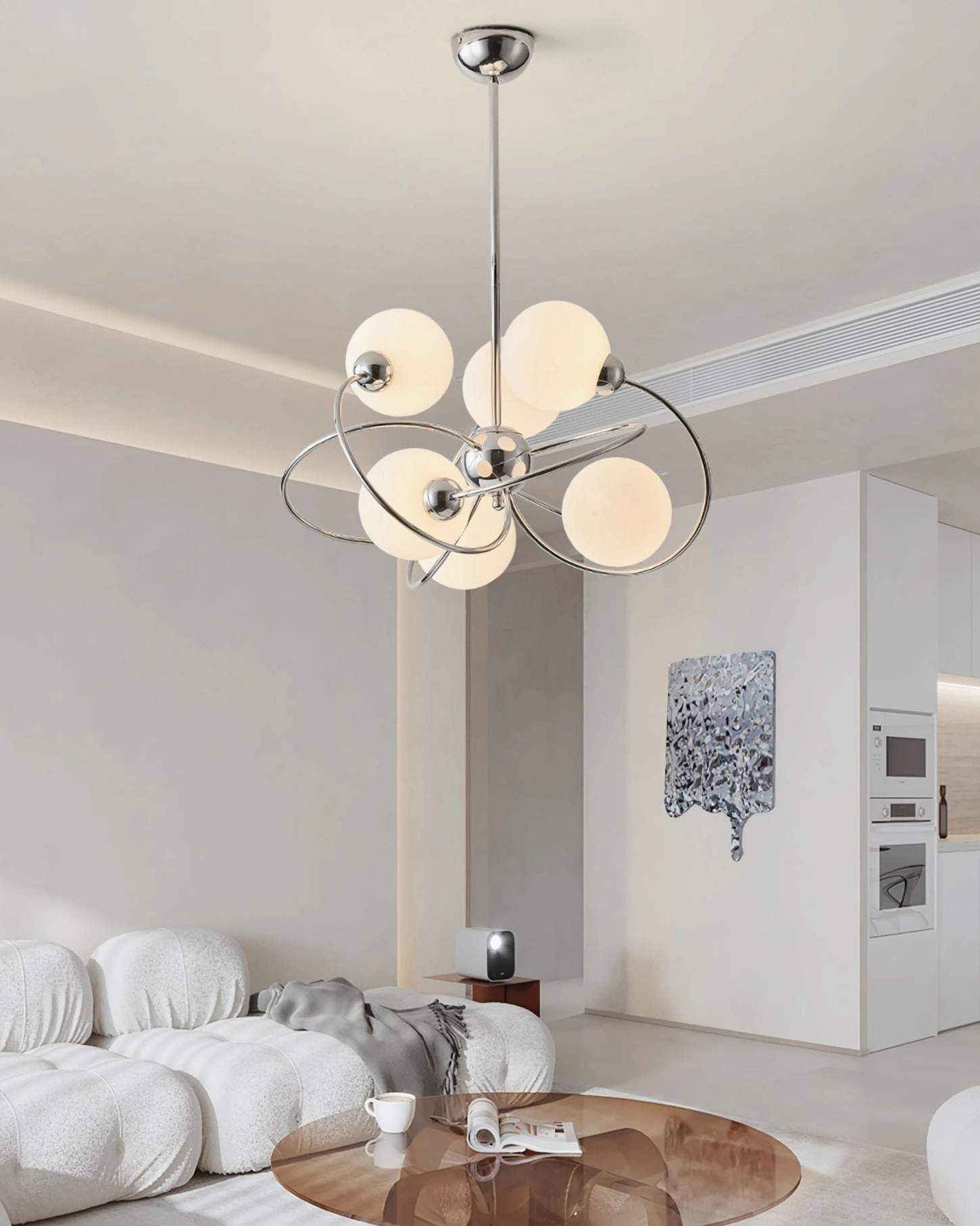 Five globe sputnik pendant chandelier open concept living kitchen modern space