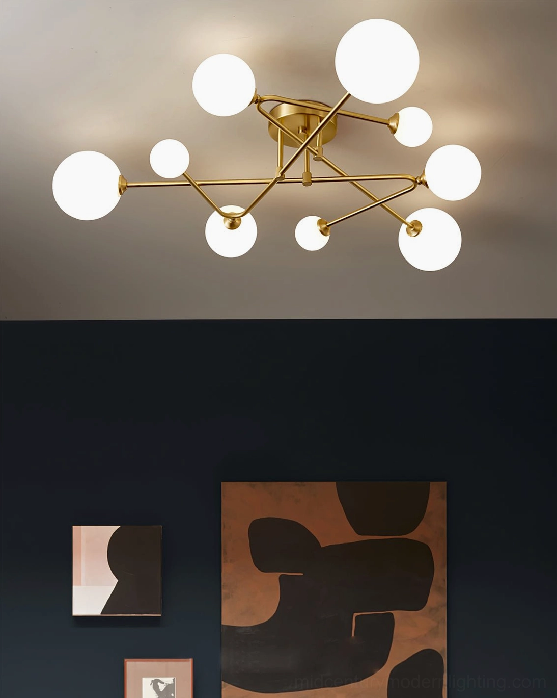 Sputnik brass ceiling light fixture complete view showing all globe shades and frame structure