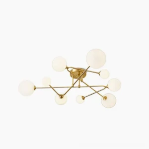 Sputnik brass ceiling light with frosted white glass globes, front view on white background