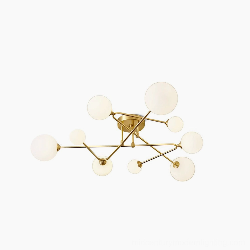 Sputnik brass ceiling light with frosted white glass globes, front view on white background