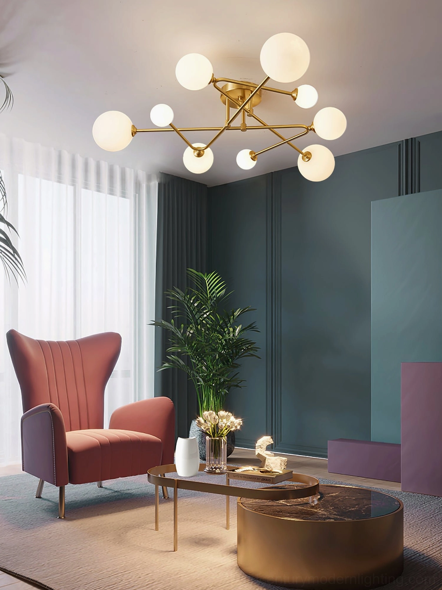 Sputnik ceiling fixture with multiple glass globes and brass framework mid-century modern style