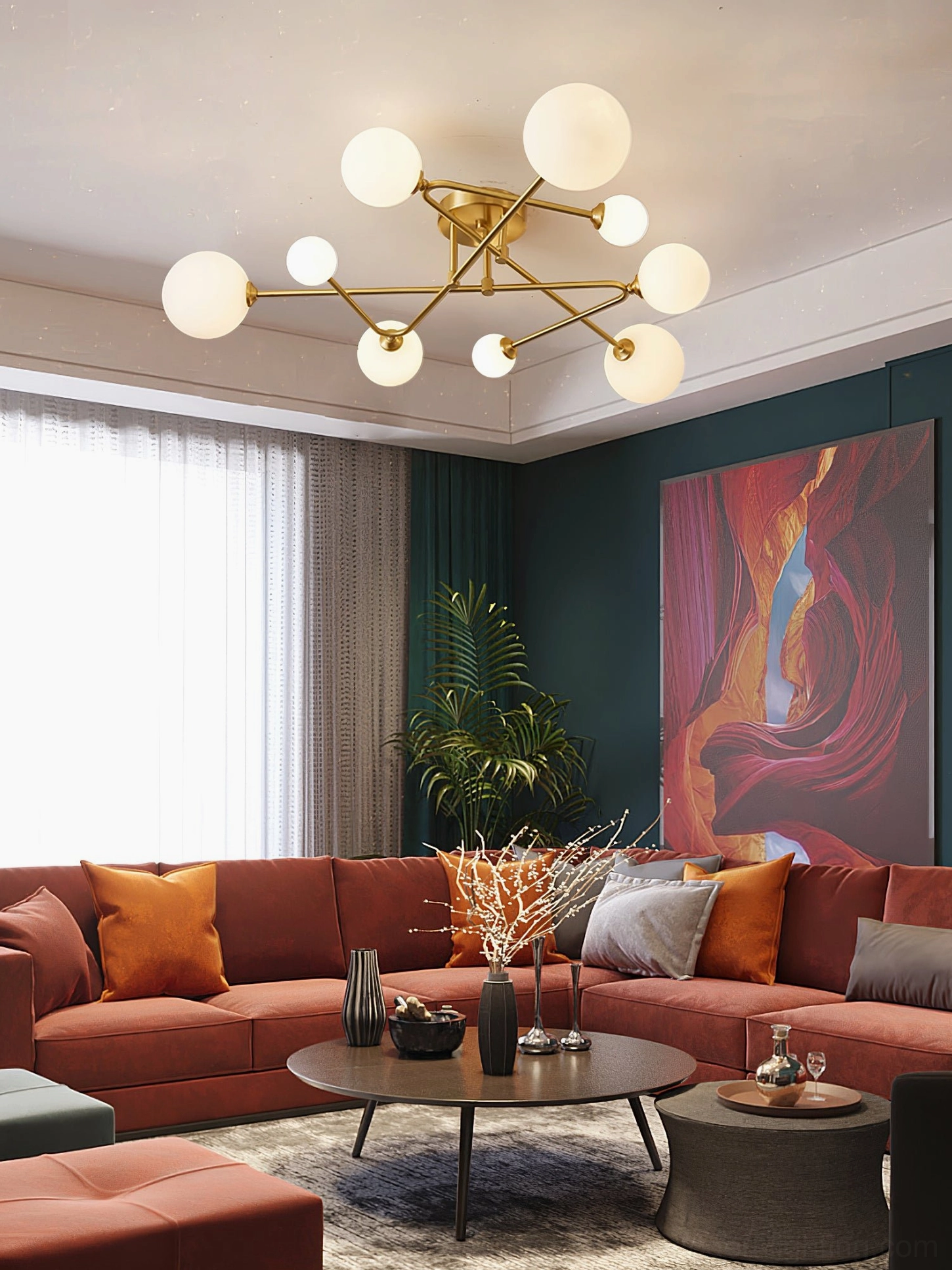Sputnik ceiling lamp mounted in sophisticated home interior setting with modern furniture