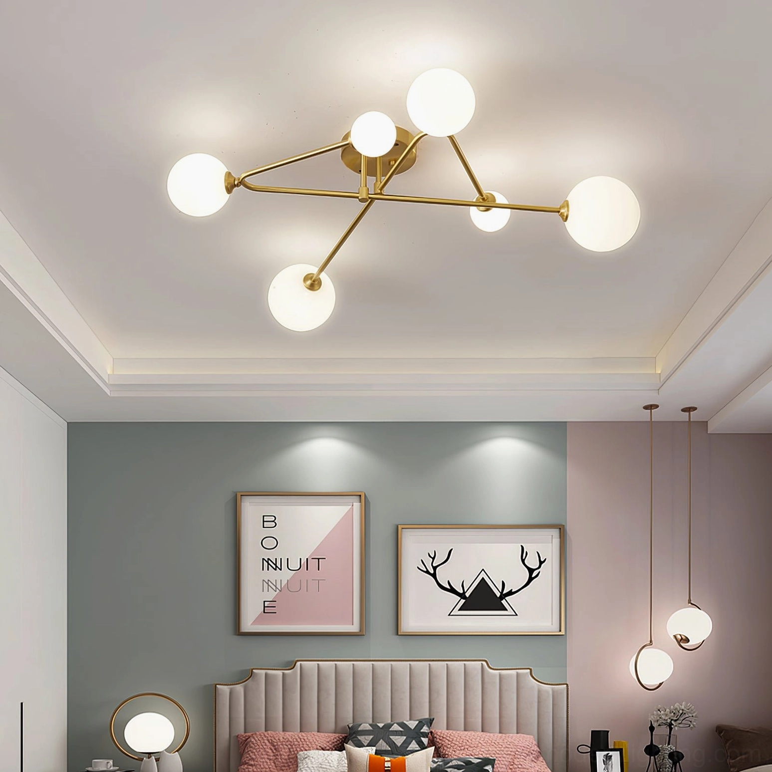 Sputnik ceiling light in contemporary interior with clean lines and minimalist decor elements