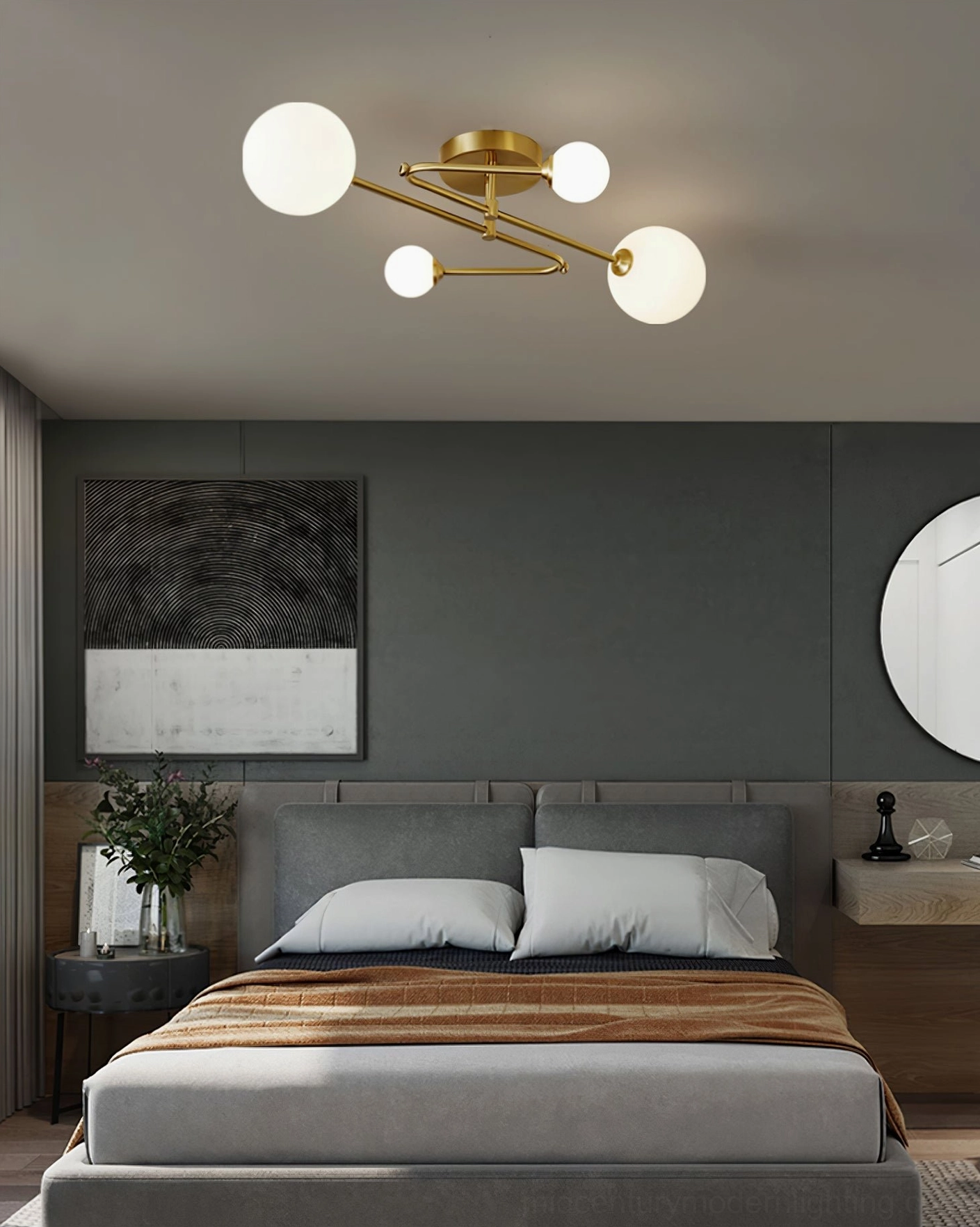 Sputnik brass ceiling light fixture in modern master bedroom creating warm ambient illumination