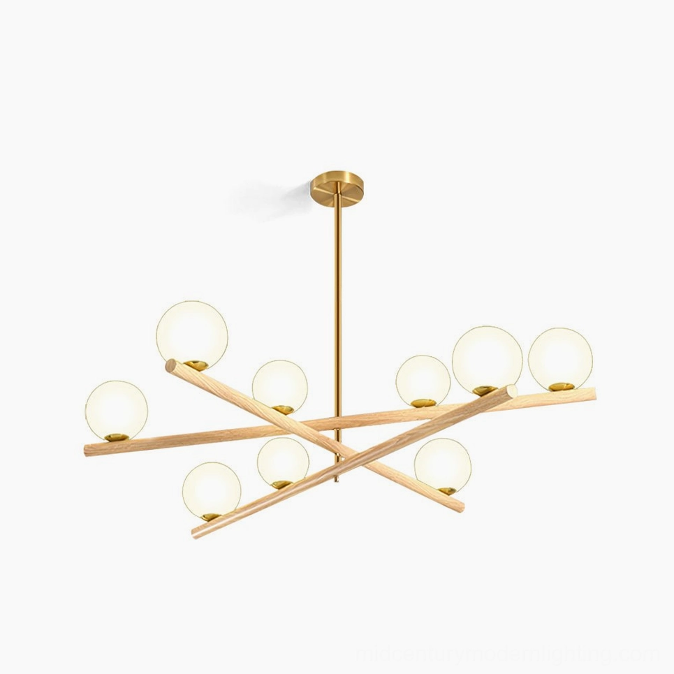 Modern sputnik globe chandelier with 9 frosted white opal shades, gold metal framework and warm wood-textured arms on white background