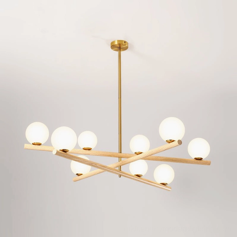 9-head statement version of sputnik wood chandelier, full fixture view with gold framework and warm wood-textured arms