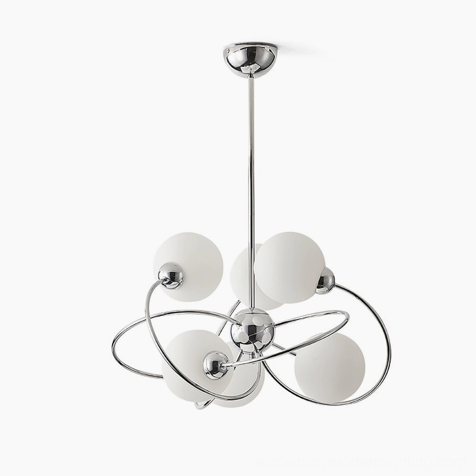 Sputnik space age chandelier chrome finish six globe orbital pendant light front view