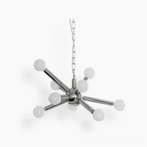 Chrome Sputnik chandelier with nine white glass spheres, frontal studio view on white backdrop, polished chrome frame