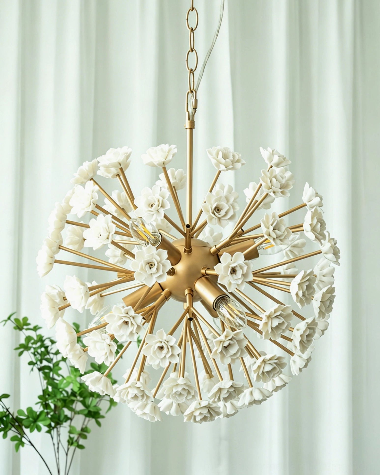 Dense floral botanical sputnik chandelier with sleek brass finish and white ceramic ornamentation