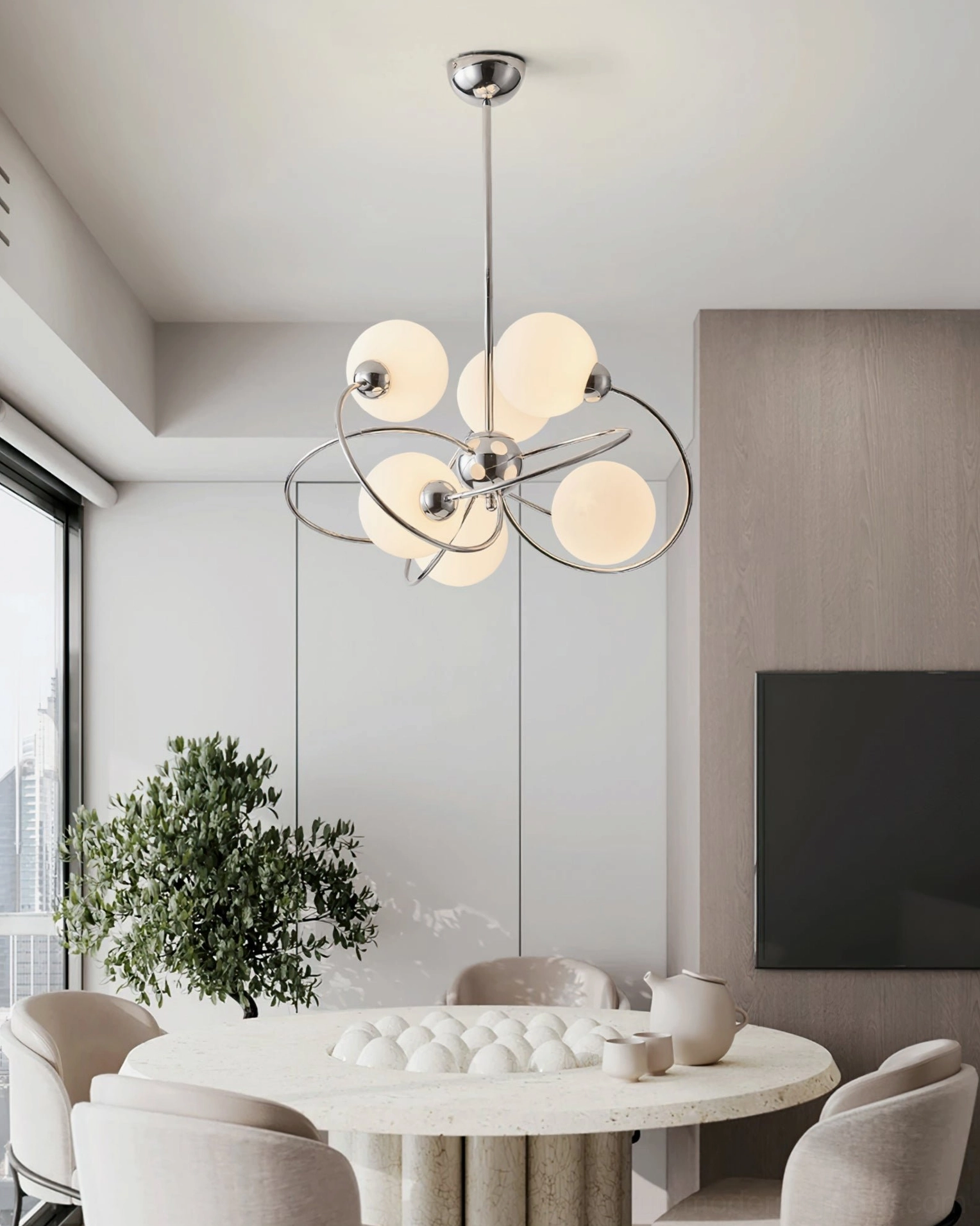 Sputnik five globe pendant light modern dining room overhead view round table