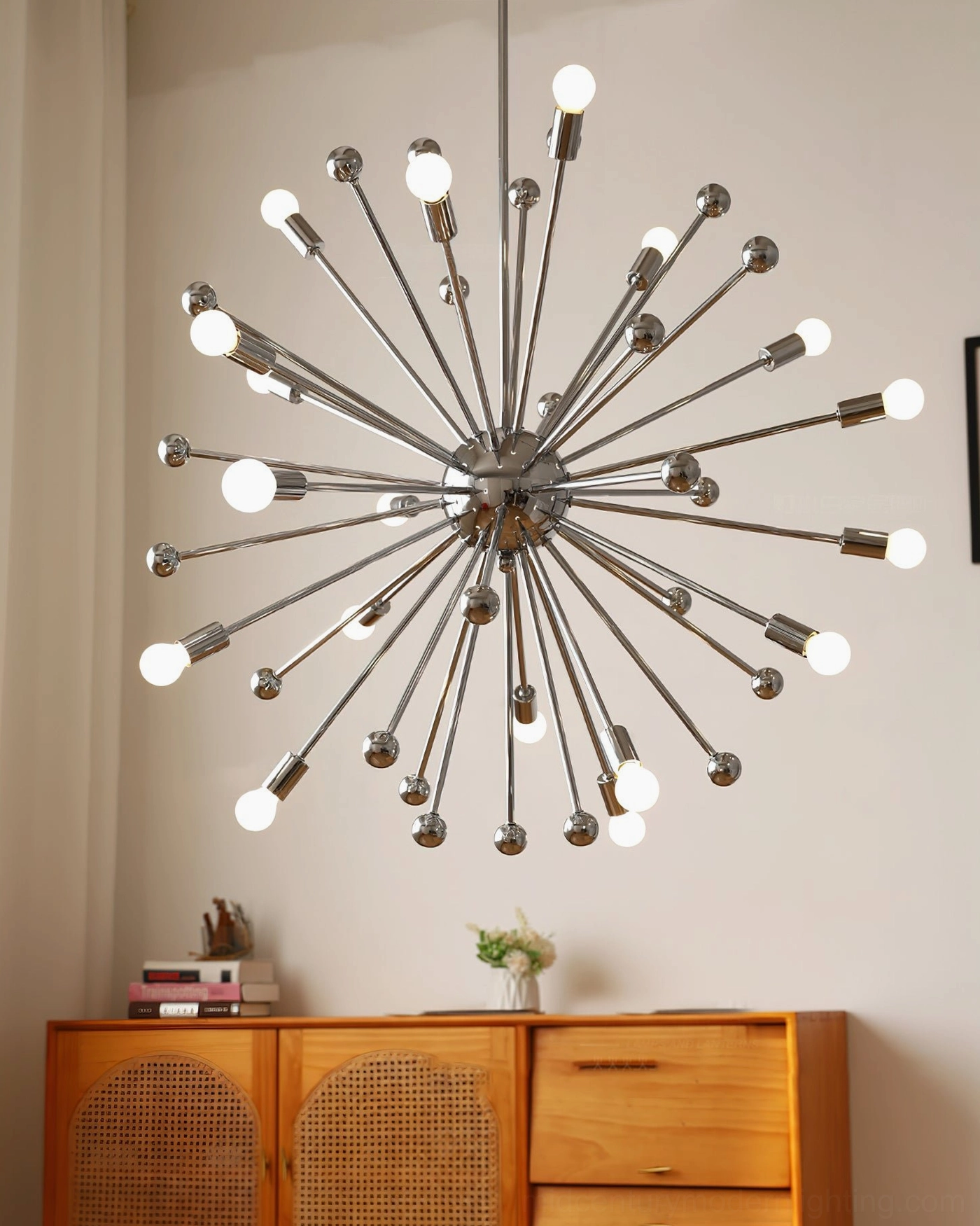 Atomic age sputnik chandelier fully illuminated warm white light home dining area