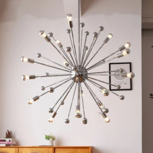Mid-century modern sputnik chandelier with warm Edison bulbs illuminated in contemporary home entryway