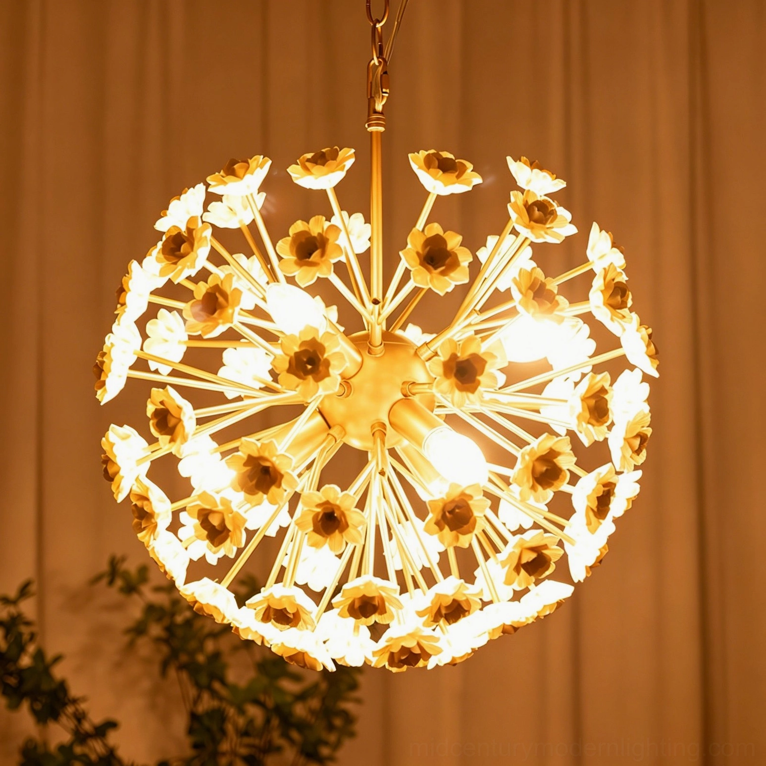 Illuminated brass gold sputnik chandelier casting warm ambient light, luxury pendant fixture