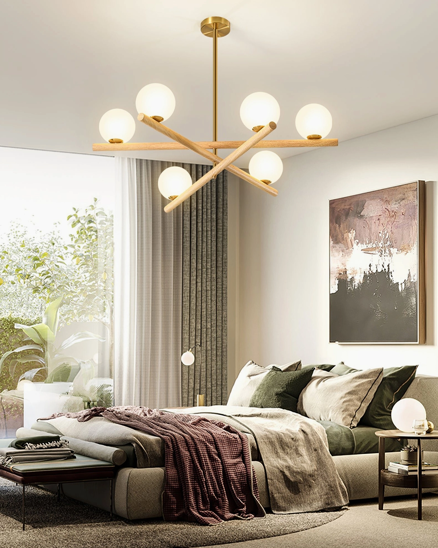 Line ball chandelier lit in evening showing warm ambient illumination from G9 LED bulbs through frosted opal shades