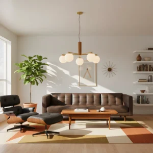 Mid-century modern sputnik chandelier installed in warm living room with brown leather sofa and potted plants