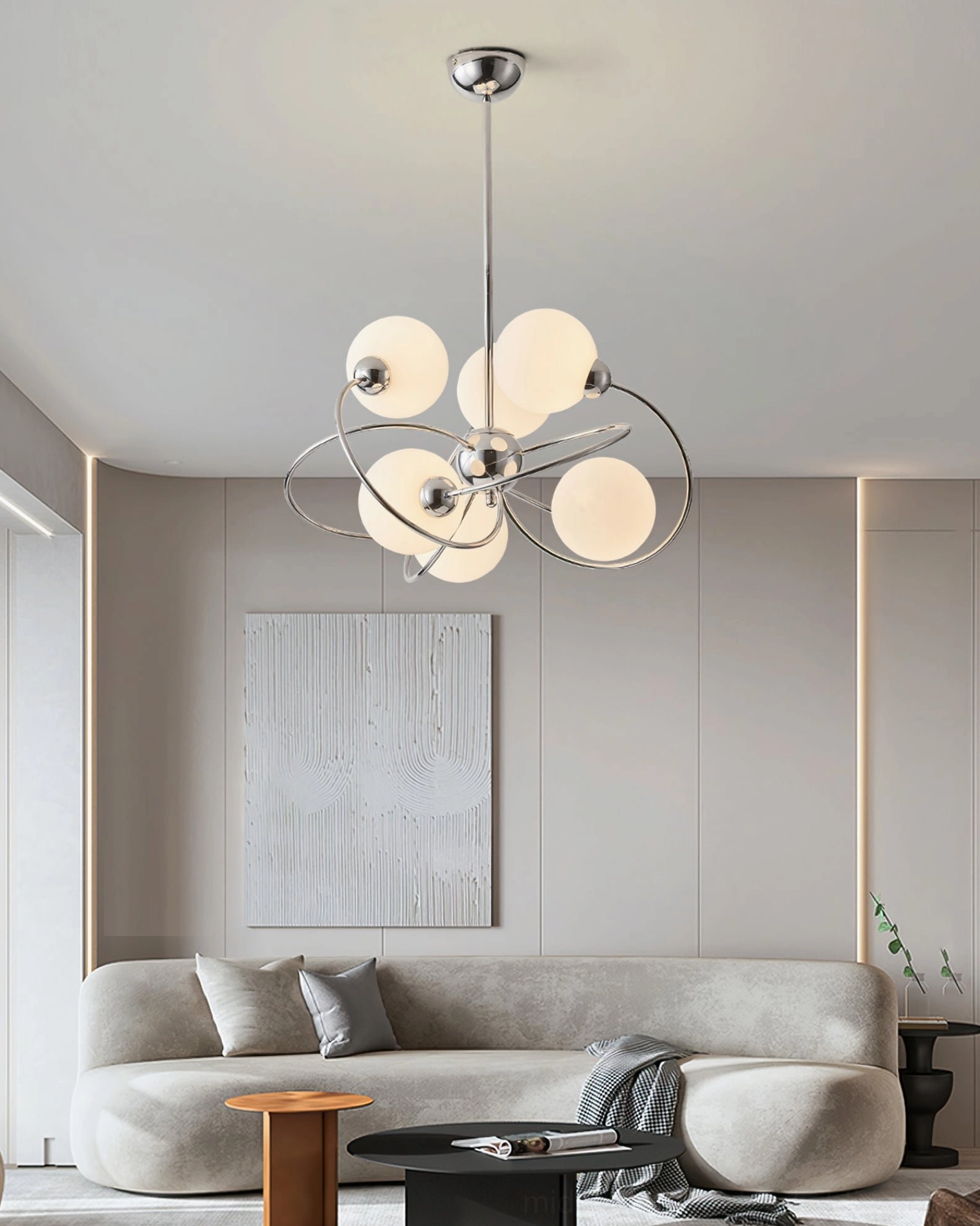 Sputnik orbital light fixture modern living room gray sofa neutral interior design