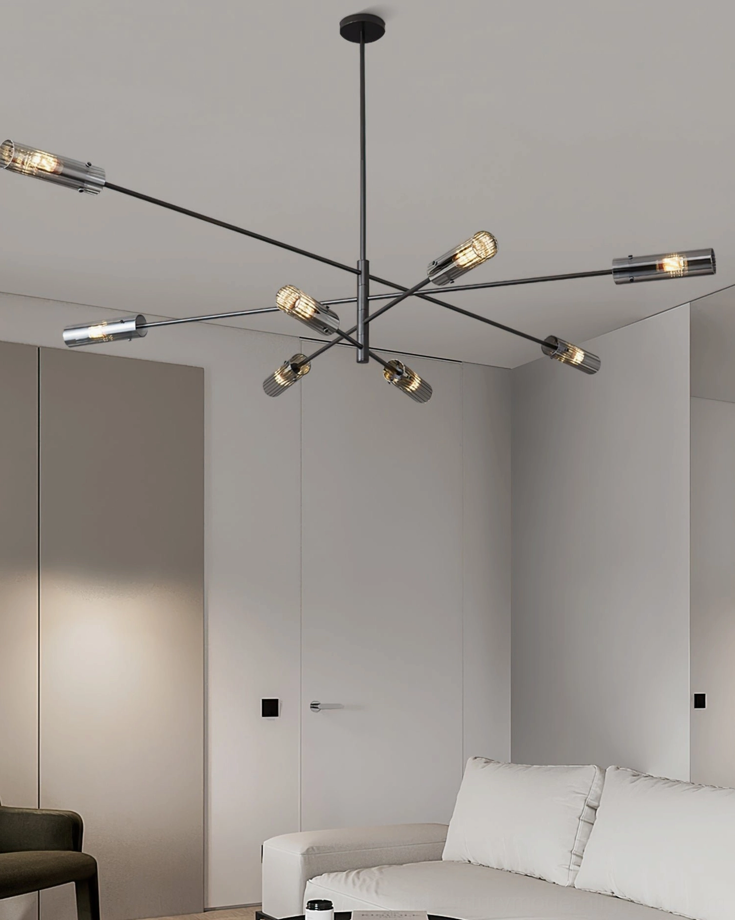 Sputnik chandelier arms extended radiating configuration space age aesthetic