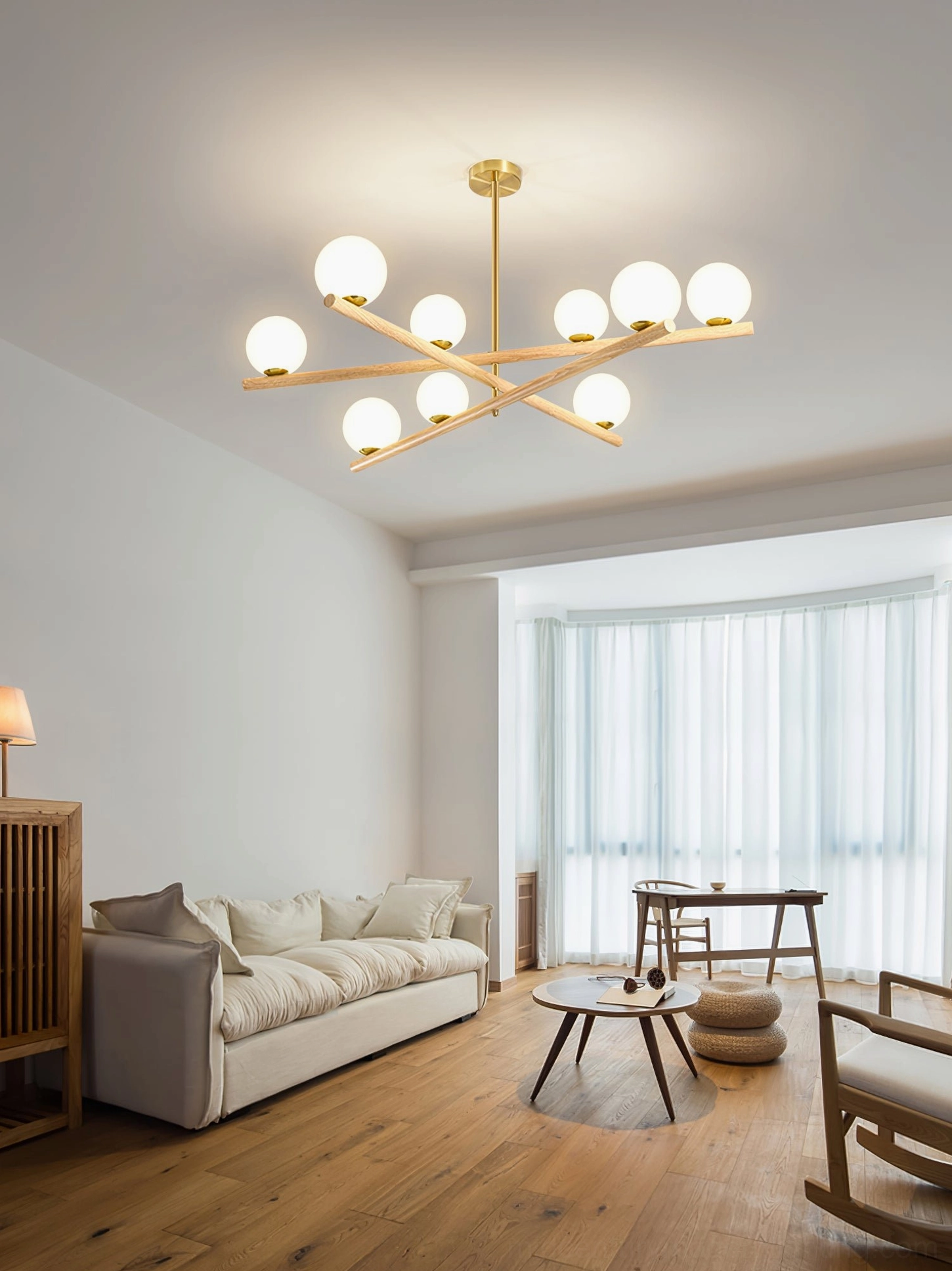 Modern bedroom featuring line ball chandelier creating soft layered lighting effect perfect for minimalist sleep spaces