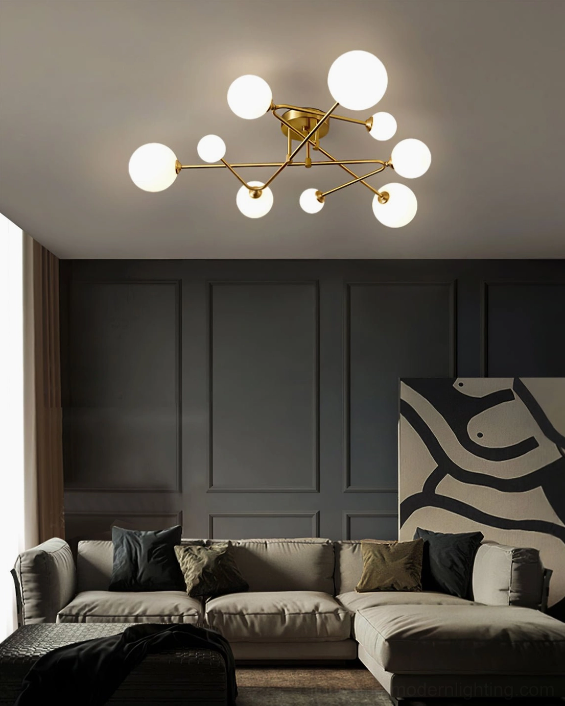 Sputnik mid-century modern ceiling lamp architectural detail and globe sphere design