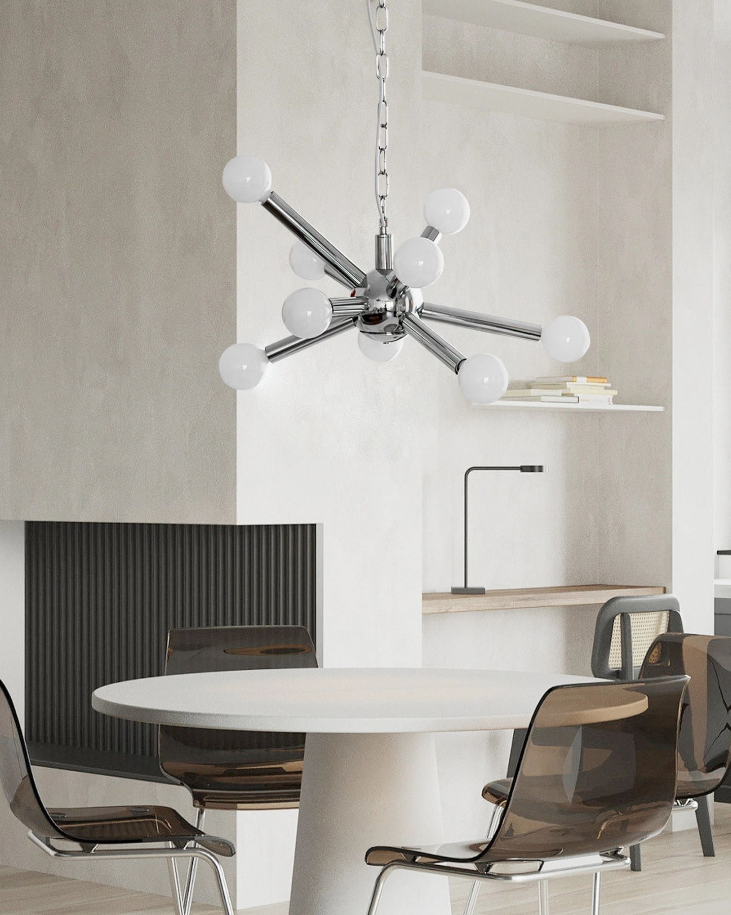 Chrome Sputnik pendant with frosted white glass covers, radial arms, nine-bulb chandelier, polished metal finish