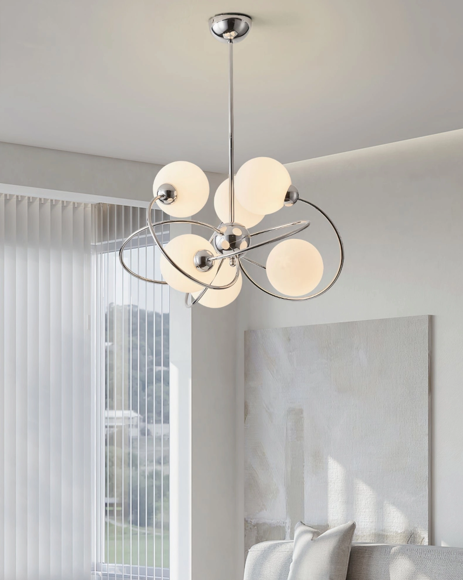 Sputnik space age chandelier minimalist living room vertical window blinds wall art