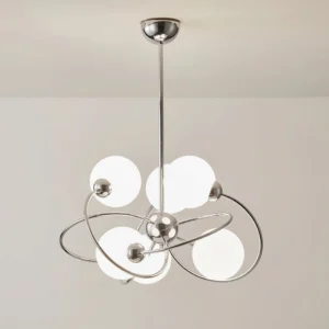 Mid-century sputnik pendant light chrome metal frame close-up detail