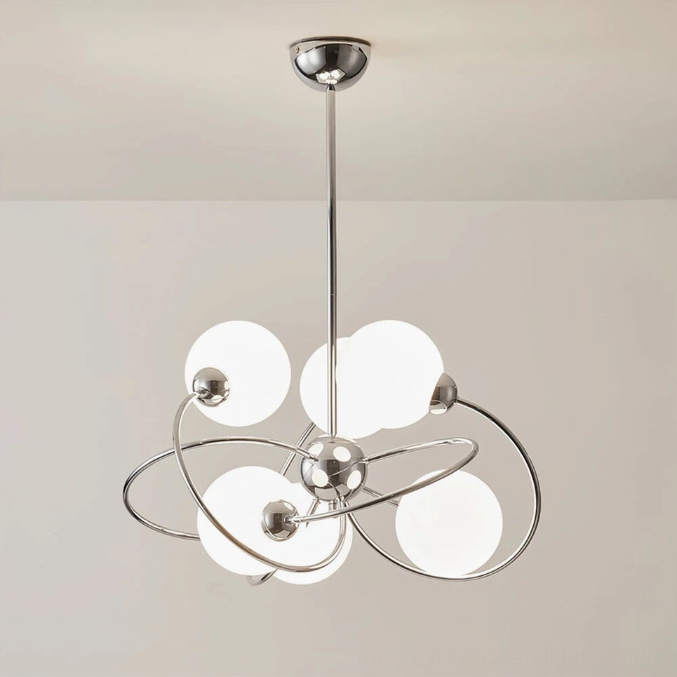 Mid-century sputnik pendant light chrome metal frame close-up detail